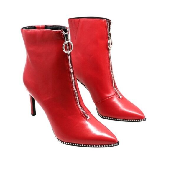 BAR III Womens Red Studded Ball Chain Front Zip Closure Ring Pull Booties - Picture 2 of 9